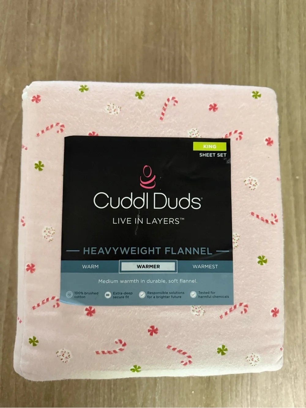 Cuddl Duds KING Cotton Flannel Holiday Sheet Set Candy Cane Scatter Pink NEW